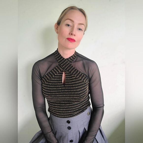The Xena Vintage 60s Mesh Gold and Summer Goth Black Blouse XS-S - Picture 5 of 12